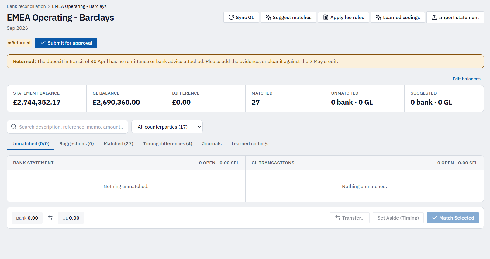 A bank reconciliation in MatchPoint reconciled to a nil difference, with every line matched and the statement tied to the ledger, ready for approval.