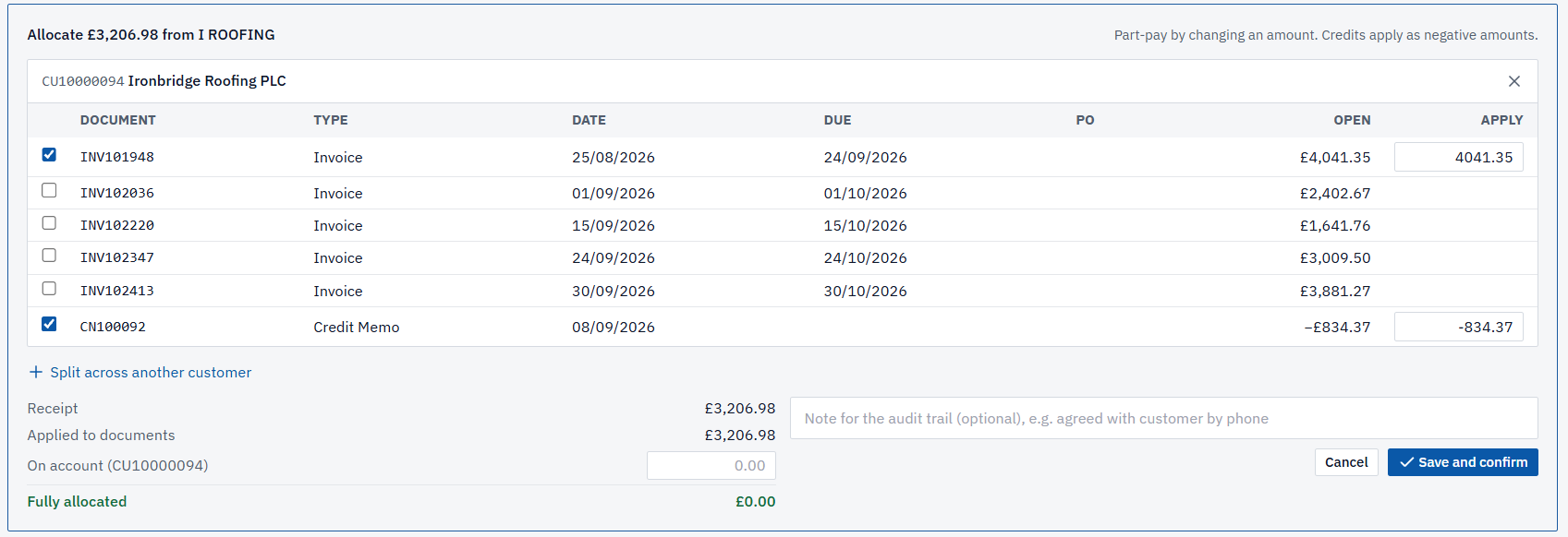 The allocation editor in MatchPoint: part-pay by changing an amount, apply a credit note, split across another customer, or hold the balance on account.
