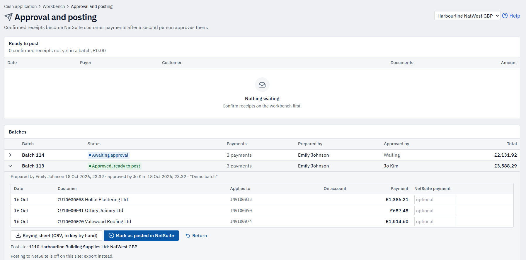 The approval and posting screen in MatchPoint: batches awaiting approval and approved-ready-to-post, with the preparer and the approver shown separately.