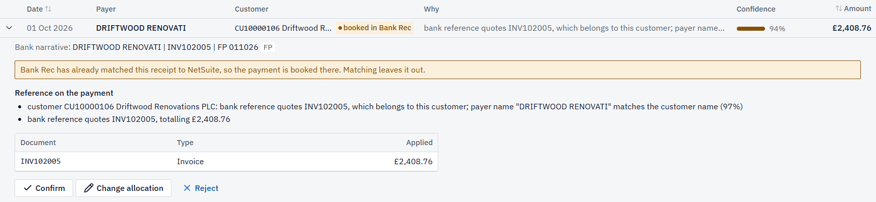 An opened match in MatchPoint cash application: the payer name matches the customer and the bank reference quotes the invoice, shown with a 94% confidence score and the invoice it applies to.