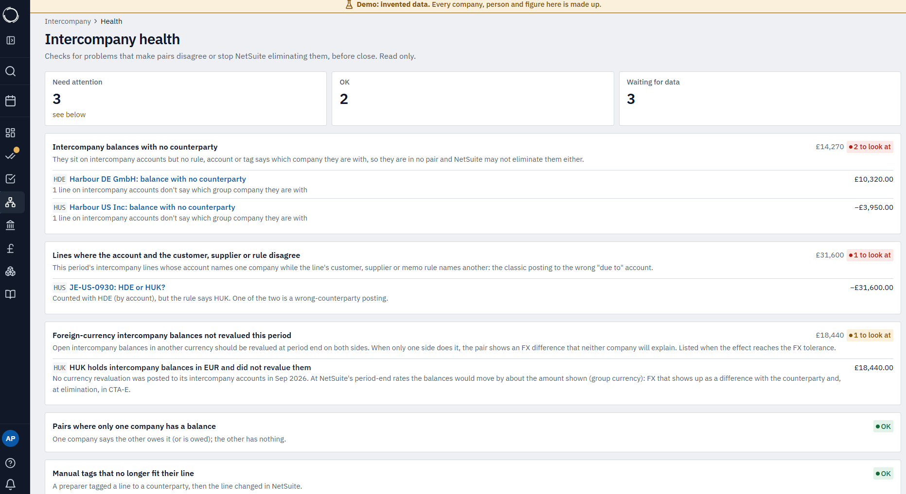The intercompany Health page in MatchPoint: pre-close checks flagging unassigned balances, a wrong-counterparty posting and a foreign-currency balance that wasn't revalued, each with the amount and a link through to the pair.